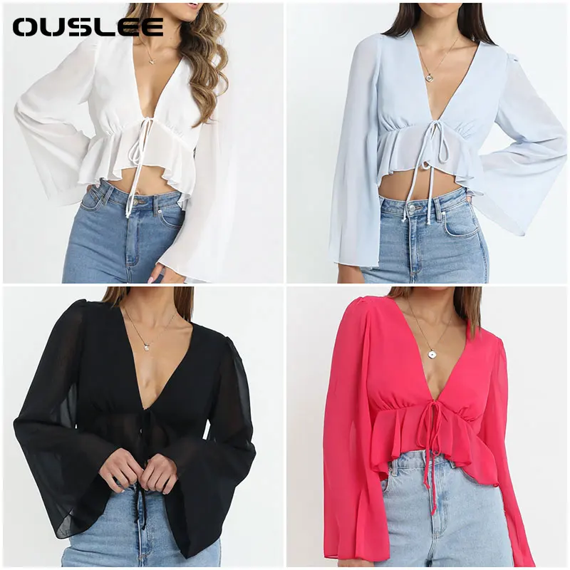 

OUSLEE Summer Casual Tee Tops Women Tshirts Long Flare Sleeve Solid V-neck Sexy Tees Cropped Shirts Sexy Ruffies Short Shirt Top