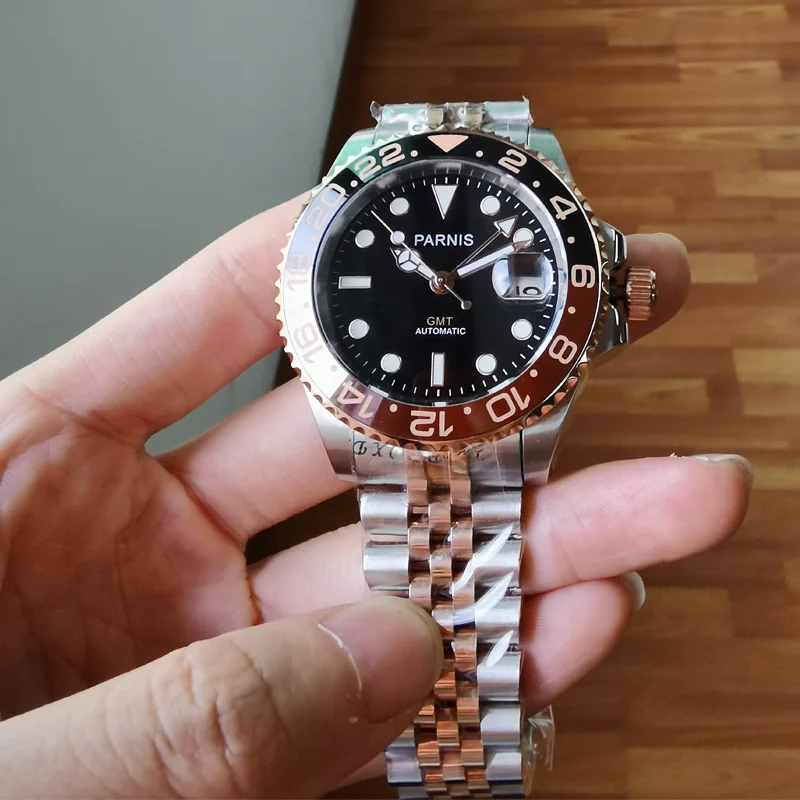 Мужские автоматические механические часы Parnis 40 мм GMT сапфировый Кристалл розовое