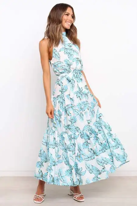 

Women's Dresses Summer 2021 Bohemian Adjustable Sling Hanging Neck Strapless Fashion Long Lace-up Printed Women's Beach Dress