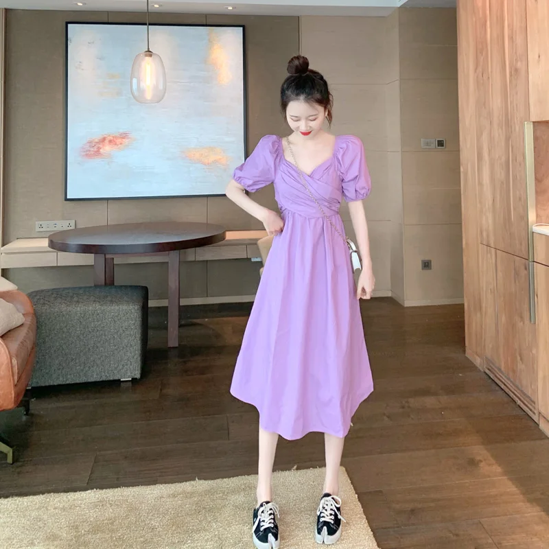 

Women Summer Retro Solid Empire V-Neck Puff Sleeve Casual Slim Girls Female