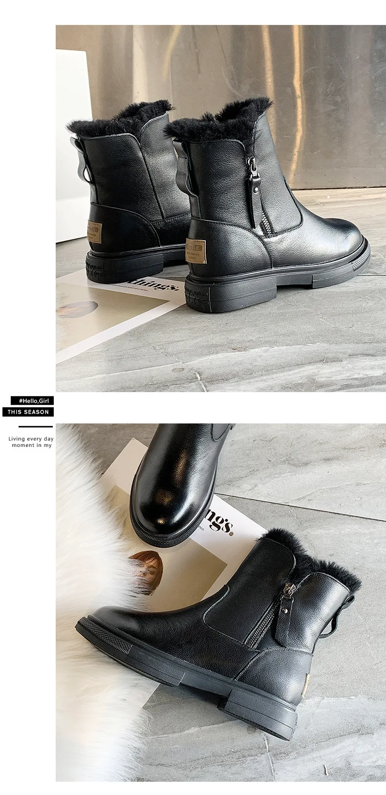 Zapatos de mujer; Новинка года; зимние кожаные женские хлопковые ботинки; шерстяные пинетки с боковой молнией; кожаные женские ботинки
