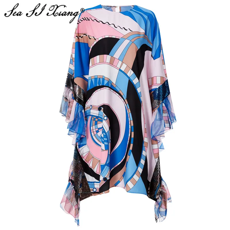 

Seasixiang Fashion Designer Spring Dress Women's Batwing Sleeve Geometric Print Loose Plus Size Dresses