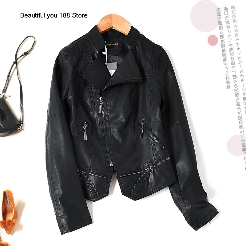 

Высококачественная Женская Короткая кожаная куртка, облегающая Осенняя кожаная куртка с Диагональной молнией, теплая зимняя женская одежд...