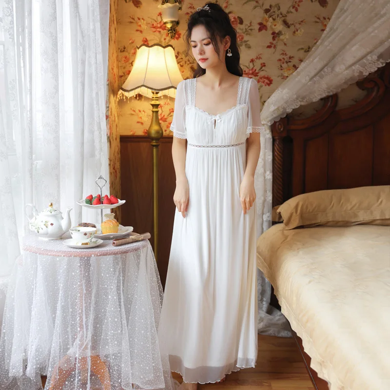 

Long White Night Dress Women Lace Nightgowns Palace Vintage Gown Nighty Sleepshirts Ladies Sexy Hot Erotic Homewear Suit Modal