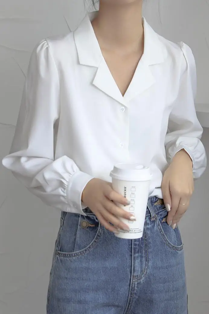 

2021 Fall Long Sleeve White Blouse Women Turn Down Casual Office Lady Shirts Female Vintage Loose Korean Fashion Clothing