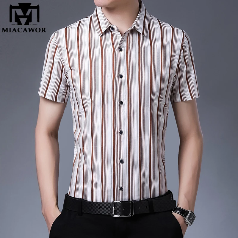 

New Casual Shirt Men Silk Cotton Summer Short sleeve Shirts Slim Fit Mens Striped Shirt Camiseta Masculina Plus Size C738