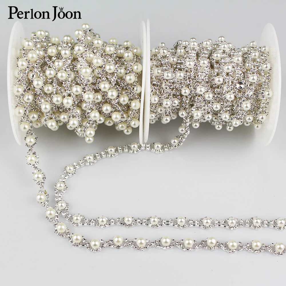 

1yard Two styles small pearl crystal Manual rhinestones trim Ribbon metal chain for dress, bag, shoes accessories ML006-007