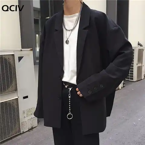 Блейзер Мужской однобортный в Корейском стиле, однотонный черный повседневный пиджак в стиле оверсайз с карманами, простая Свободная верхн...