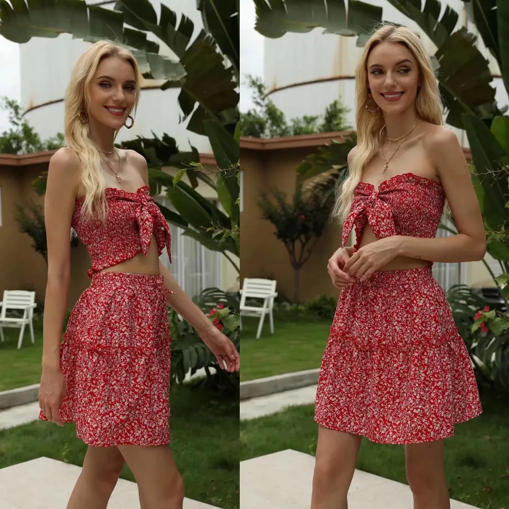 

Summer Women's New Retro Holiday Wind Print Side-opening Sling and High-waisted Skirt Dress Set DLTZ066