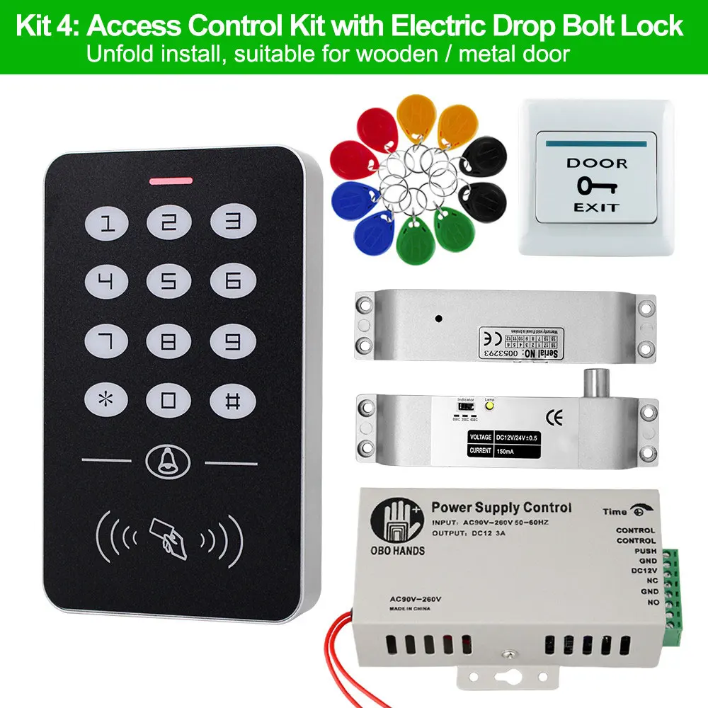 Kit4 Система контроля допуска к двери комплект RFID Клавиатура контроля доступа+ блок питания+ Электрический магнитный замок болт ударные замки+ 10 шт. ключи - Цвет: Kit4