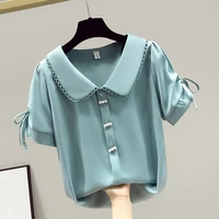 2021 summer ladies tops blouses pullover women korean fashion beading short sleeve female chiffon blouse peter pan collar shirts