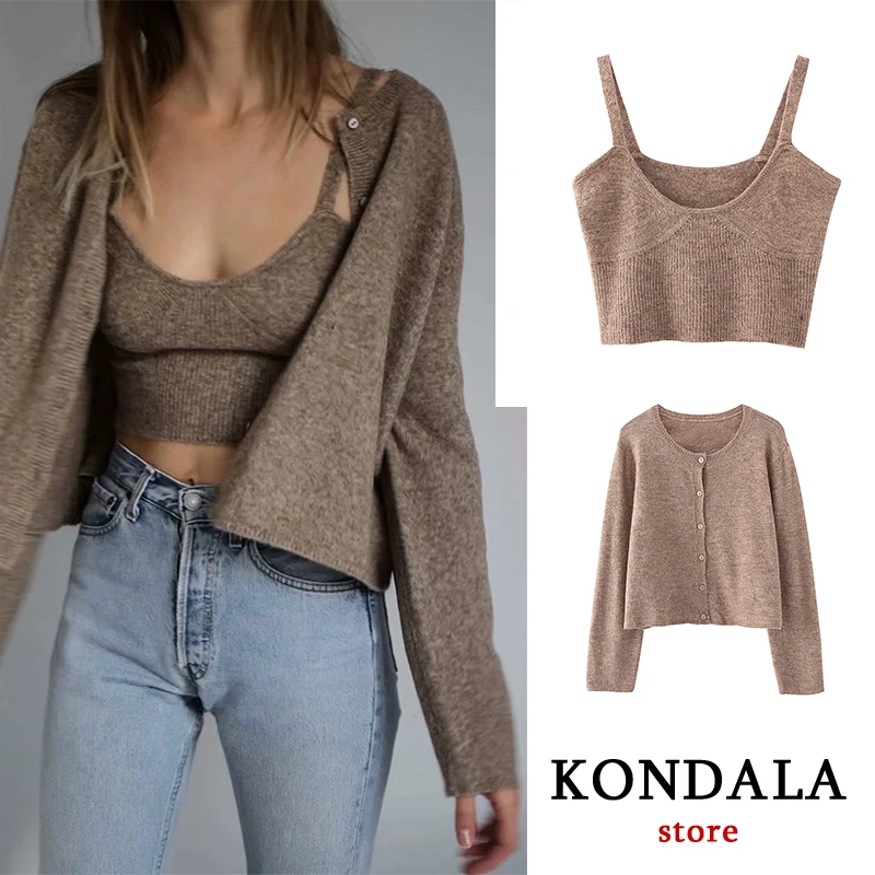 Женский однотонный кардиган KONDALA Za вязаный свитер цвета хаки в винтажном стиле