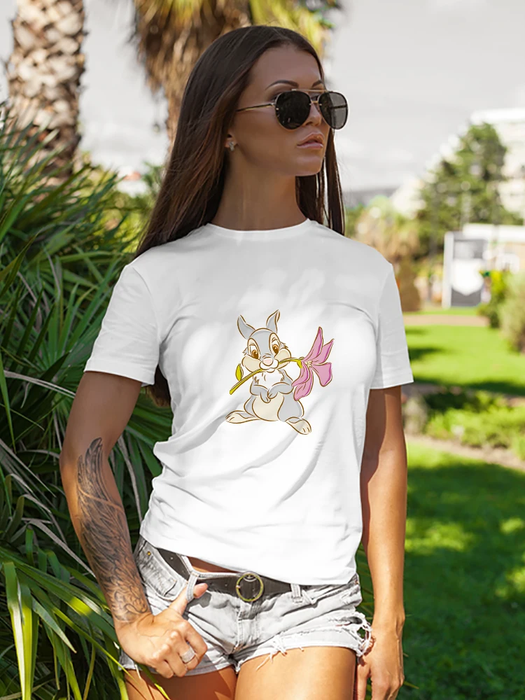 

Disney Casual Creative Women T Shirt Rabbit Thumper Printed Pop Tshirt Animation Bambi Oversize Short Sleeve Trendy