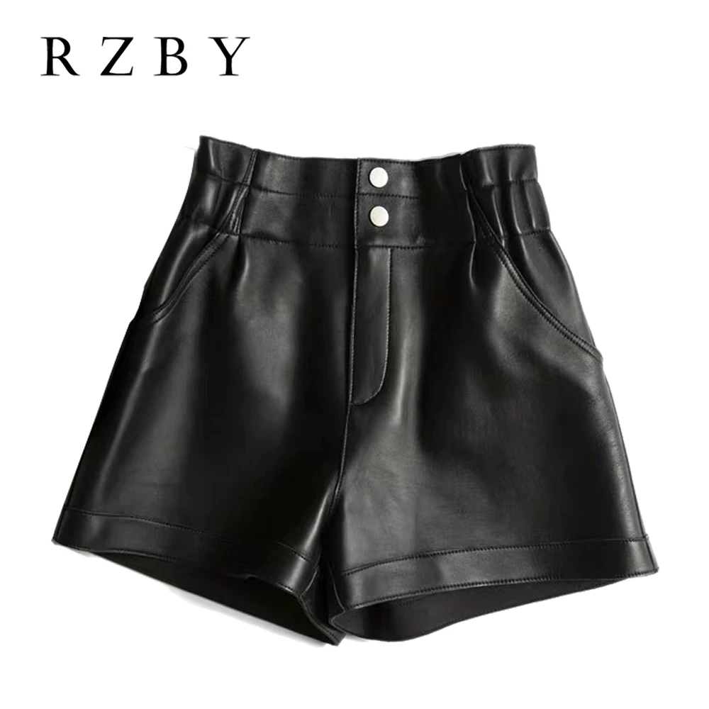 High Waist Black/Hhaki/Brown Casual Sheepskin Pantalones Cortos De Mujer Sexy Winter Women Genuine Leather Shorts RZBY239