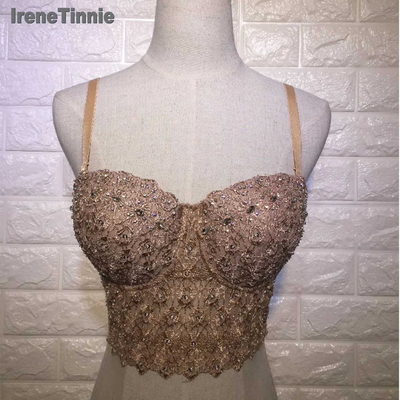 Irene Tinnie телесный сетчатый кружевной Бюстье с бусинами жемчужинами бриллиантами