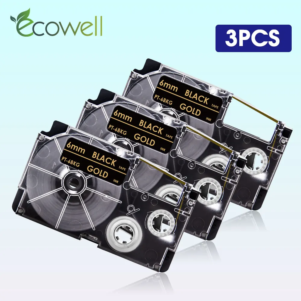 

Ecowell 3Pcs XR-6BKG XR 6BKG XR6BKG Labeling tapes 6mm*8m Gold on Black for Casio KL-120 KL-60 KL-750 KL820 KL1000 Label Maker