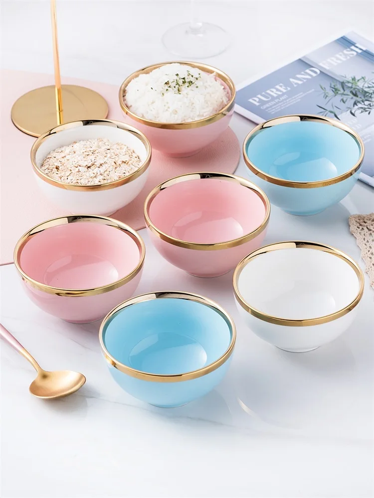 

Simple Nordic Ceramic Rice Bowl Gold Inlay Single Home Soup Fruit Salad Noodle Bowl Party Tableware Porcelain Kitchen Dinnerware