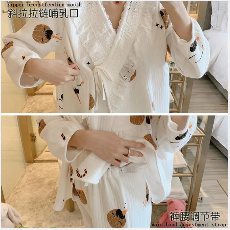 Осенняя хлопковая пижама с длинным рукавом для беременных 2 шт./компл. одежда сна