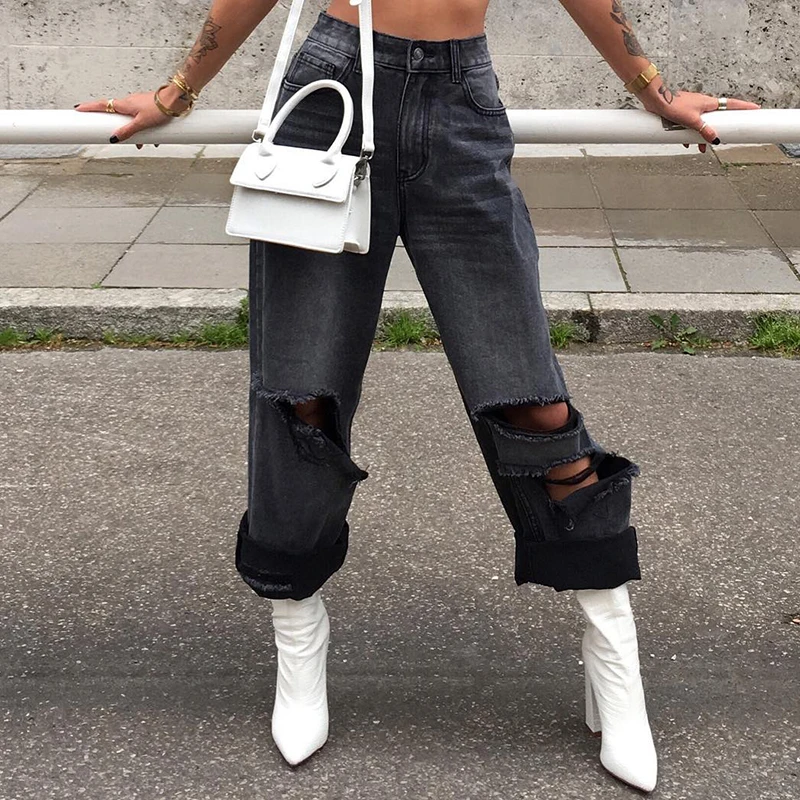 

Новинка 2021, женские джинсы с высокой талией, Модные свободные рваные джинсовые длинные брюки с дырками, женские Джинсы бойфренда с широкими ...