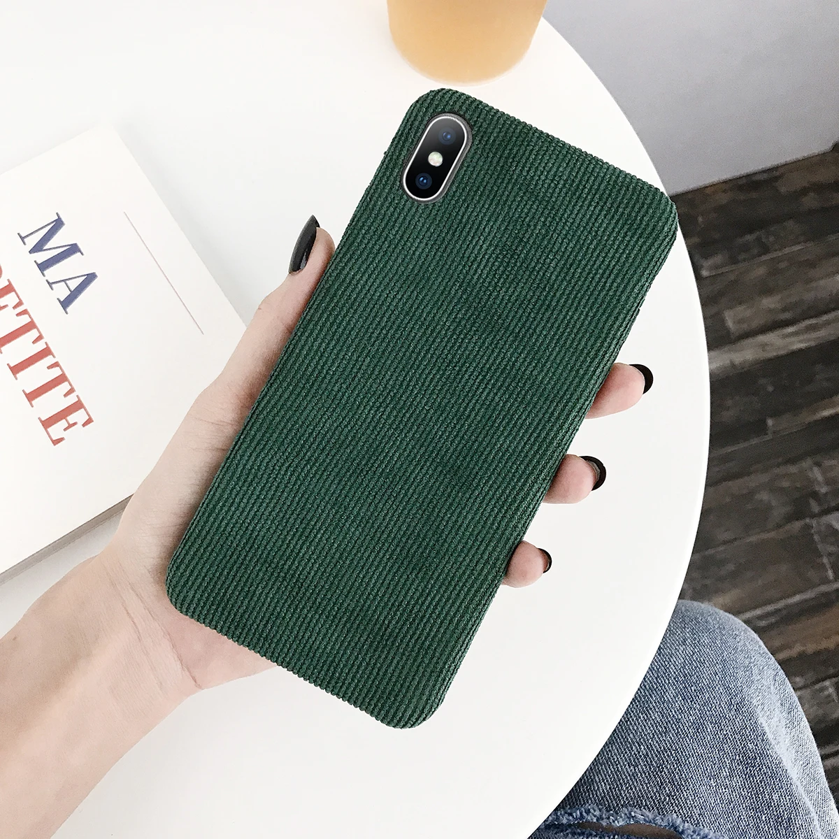 Ottwn Phone Case For iPhone 11 X XR XS Max Corduroy Cloth Texture Case For iPhone 6 6s 7 8 Plus Warm Fabric Fuzzy Soft PU Cover - Цвет: Drak Green