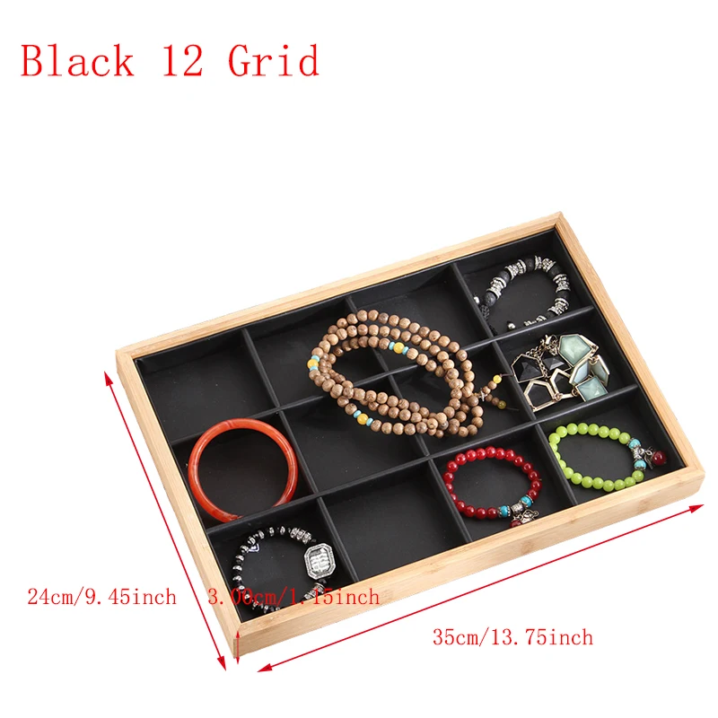 Black 12 Grid Бамбуковое кольцо из искусственной кожи, серьги-гвоздики, браслет, ювелирный дисплей, чехол для часов, многофункциональная коробка для хранения ювелирных изделий, чехол для демонстрации - Цвет: Black 12 Grid