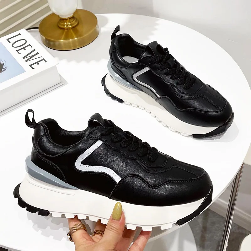 

Sneakers Women Platform Flats Femme Luxe Genuine Leather Ladies Casual Sport Shoes White Black For Spring Autumn 2021