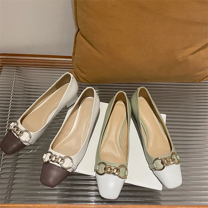 

Meotina Natural Genuine Leather Block Heels Pumps Square Toe Women Shoes Metal Decoration Mid Heel Shoes Lady Footwear Green 40