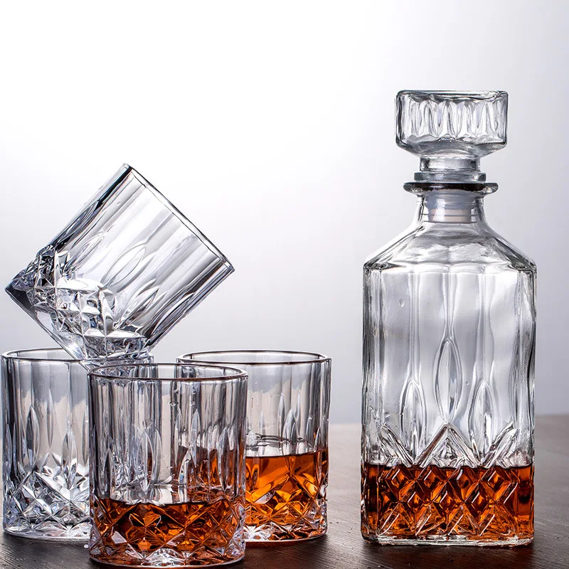 

Luxury home glass lead-free 5 Pcs Whiskey Decanter Set with 4 Pcs old fashioned whiskey glass for Liquor Scotch Bourbon