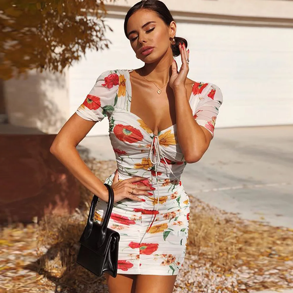 Винтажное платье с цветочным принтом и рюшами летнее женское сексуальное