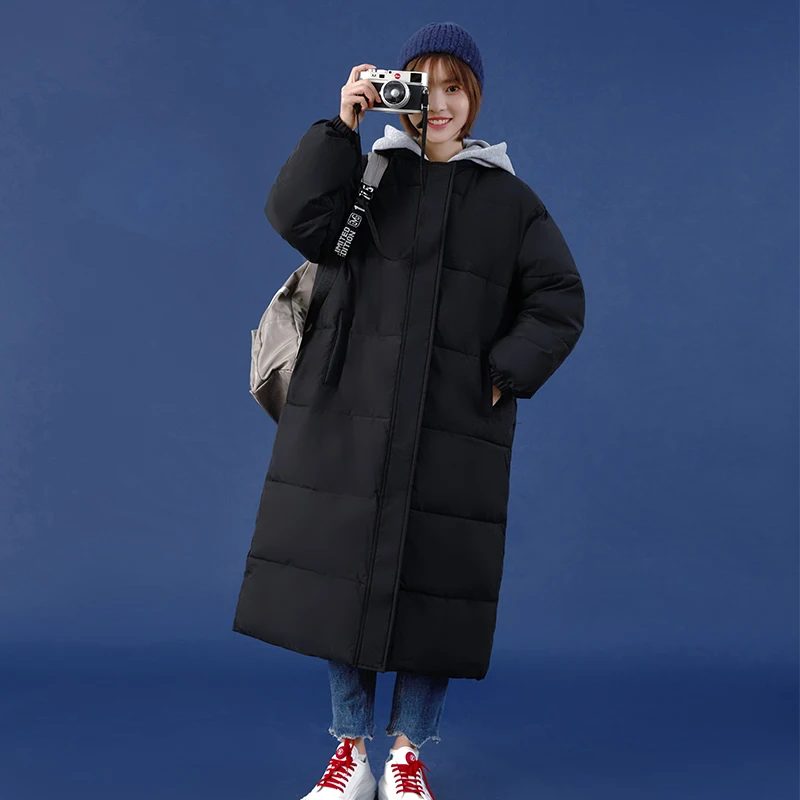 

Women's Long Parkas Hooded Korean Style Zipper Ladies Casual Winter Jackets Solid Puffer Coats Oversize Overcoat for Female
