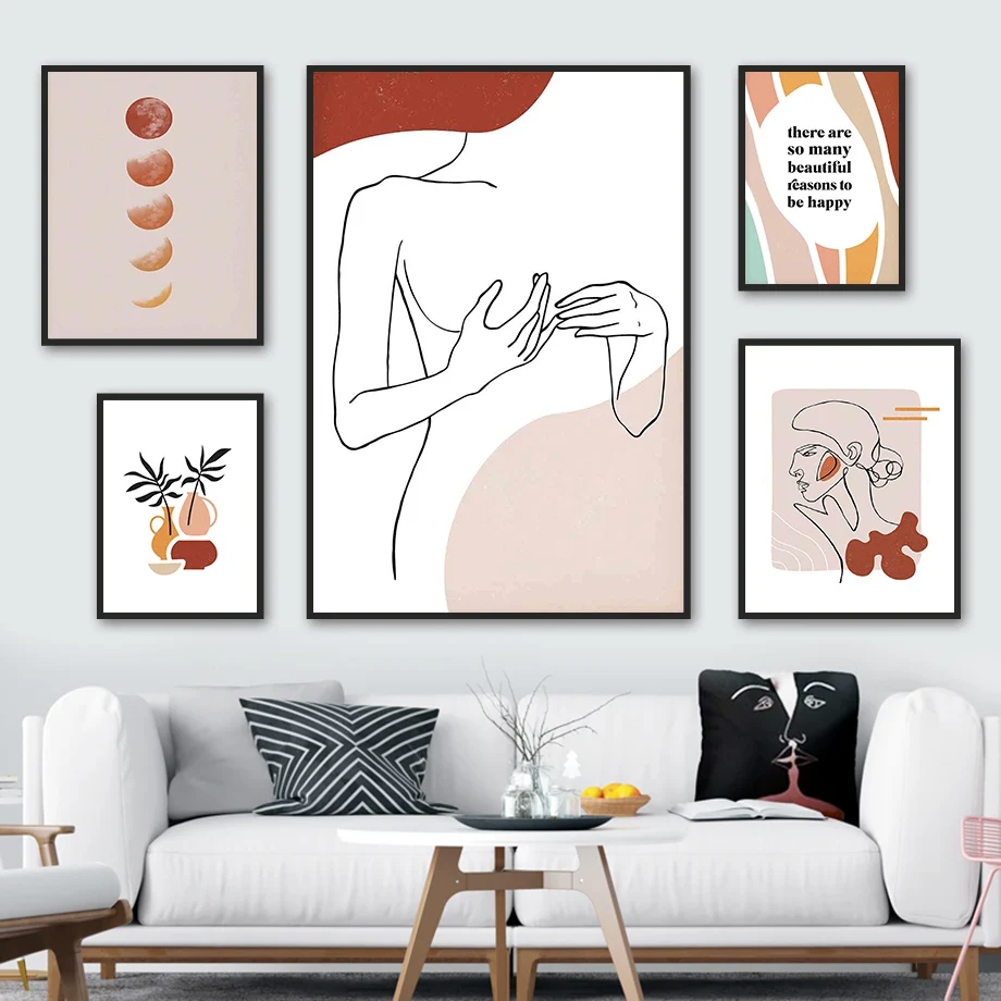 

Line Girl Moon Leaf Vase Quote Abstract Wall Art Canvas Painting Nordic Posters And Prints Wall Pictures For Living Room Decor