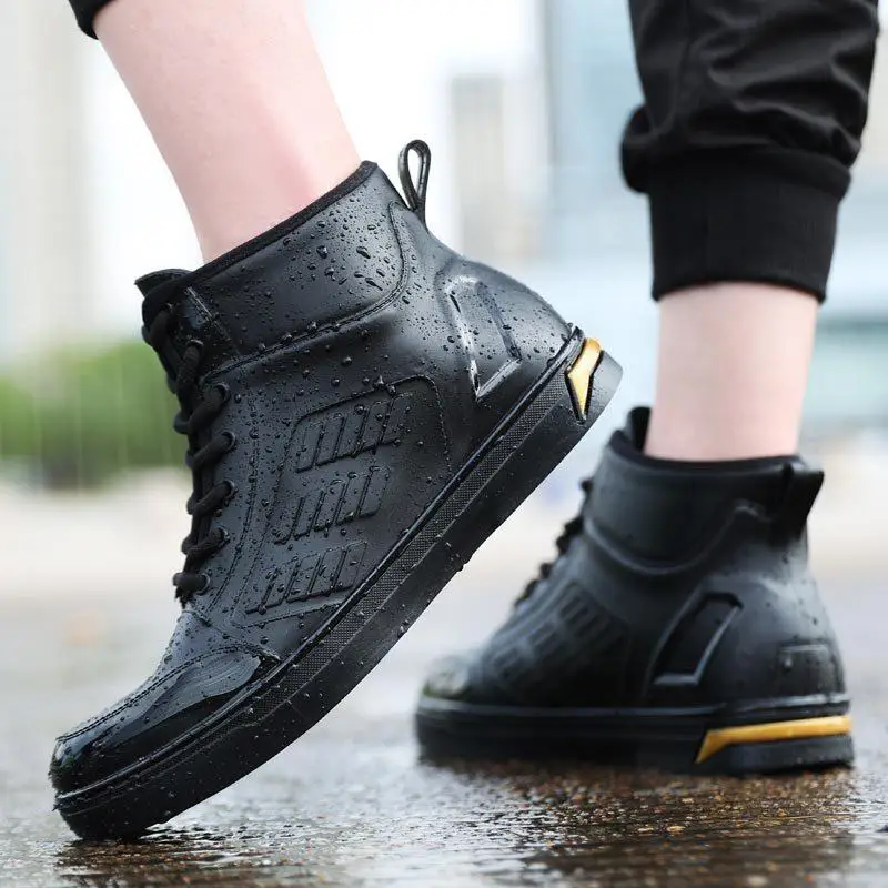 

PVC Waterproof Shoes Men's High Top Ankle Rain Boots 2021 New Men's Flat Rain Boots Flat Anti-skid Rubber Rain Boots