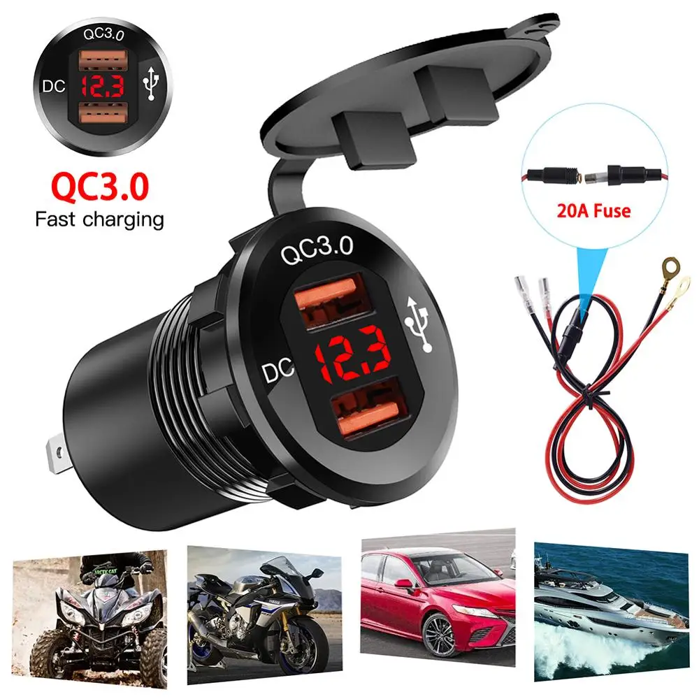 

USB 30 Вт QC 3,0 адаптер питания для быстрой зарядки двигателя с переключателем, водонепроницаемый светодиодный вольтметр, быстрое зарядное уст...