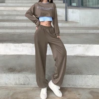 new fashion korean solid loose wide leg trousers and fake two tops casual gray boyfriend pants suits 2021 two piece sets women
