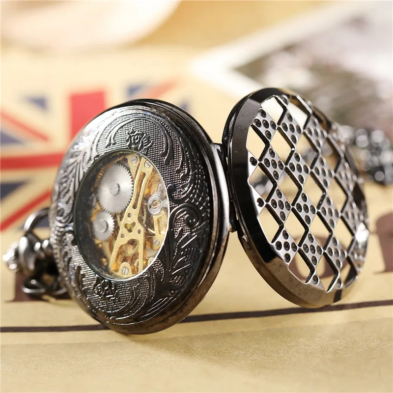Mechanical Hand-winding Pocket Watch Men Flip Black Hollow Case Fob Chain Necklace Clock Mens Watch Gift Box reloj de bolsillo