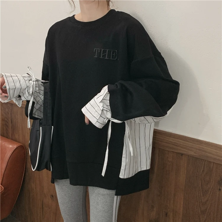 

XZ2971 новый дизайн чувственная нишевая вышивка в полоску Свободные толстовки с длинными рукавами в стиле Харадзюку