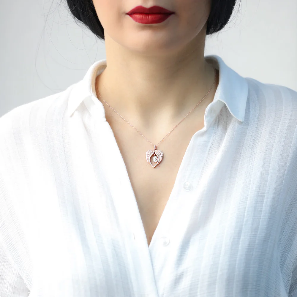 

SPENTA Jewelry Angel Wings Charm Design Turkish Handmade 925 Sterling Silver Necklace Teardrop Charm Necklace
