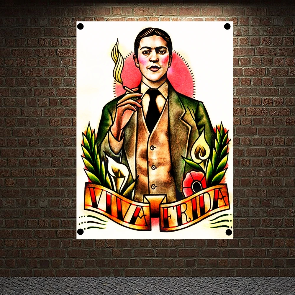 

VIVA FRIDA Tattoo Banners Vintage Canvas Painting Wall Art Print Posters Home Decor Mural Hanging Flags 4 Gromments in Corners