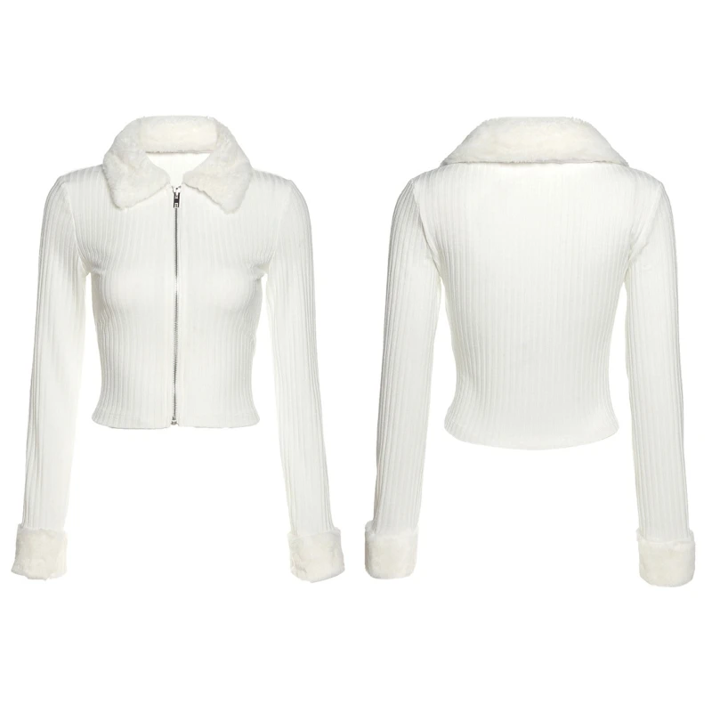 

Women Plush Lapel Long Sleeve Cropped Jacket Zip Up Ribbed Knit Sweater Coat BX0B