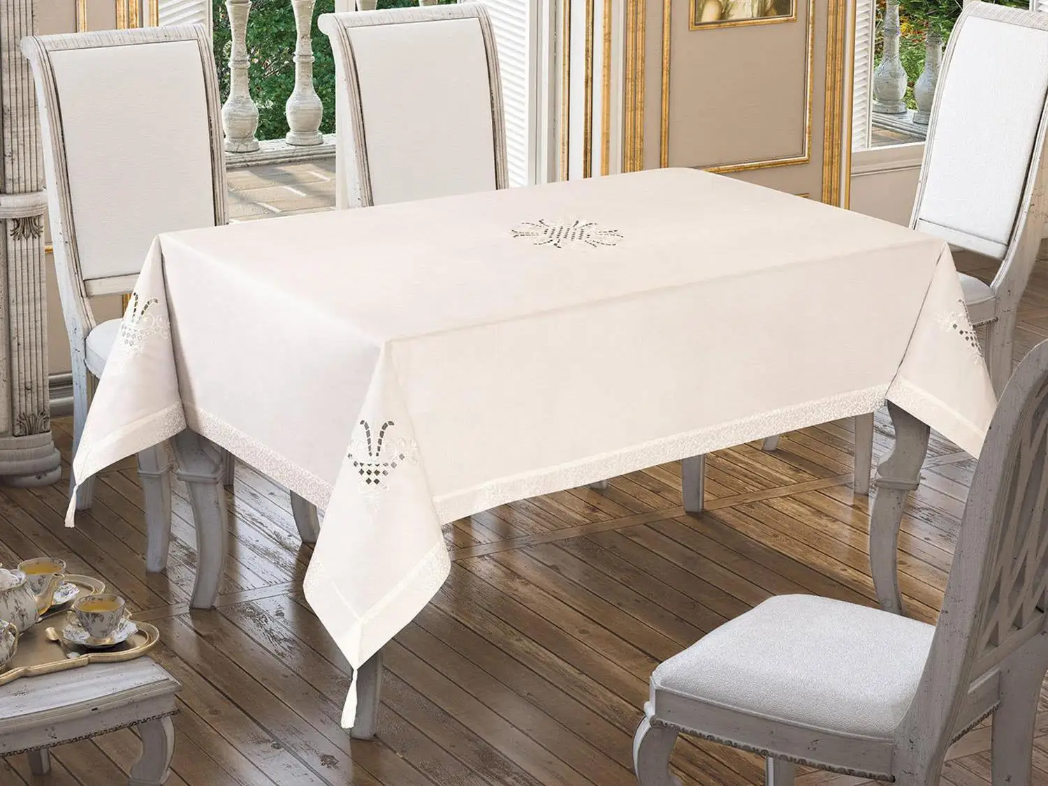 

Tulip Embroidered Table Cover Cream Cream