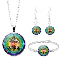 celtic tree of life art photo jewelry set glass pendant necklace earring bracelet totally 4 pcs for womens fashion party gifts