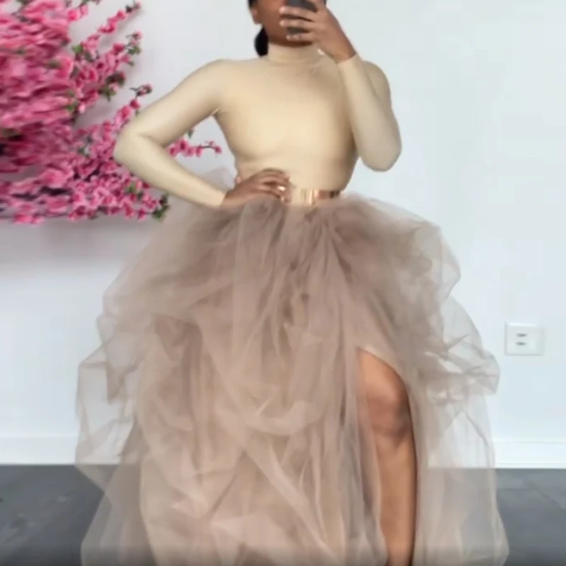 

Pretty Puffy Tulle Ball Gowns High Side Slit Fashion Tiered Tulle Floor Length Party Skirts Elastic Waistline Formal Maxi Skirts