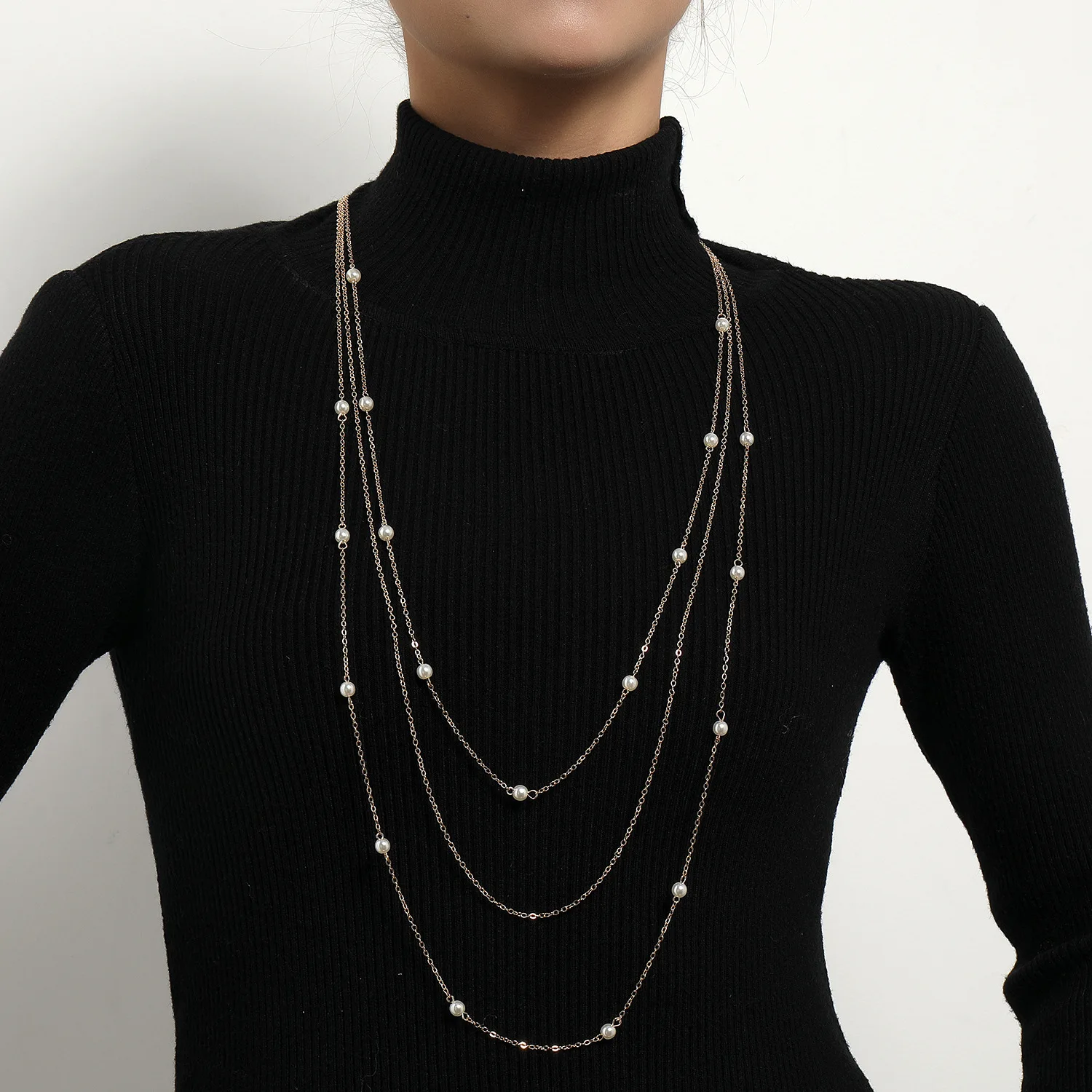 

Decoration Elegant Fashion Street Snap Sautoir Imitation Pearl Necklace Hierarchy Geometry XL177