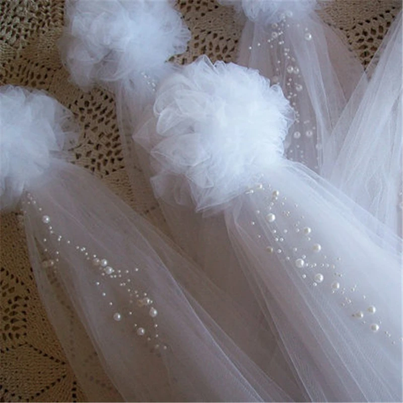 

4pcs Pom Pew Bows, Tulle and Pearl Bows, Church Pew, Pew Bows Quinceanera Decorations, Chair Hangers, wedding decoration Bridal