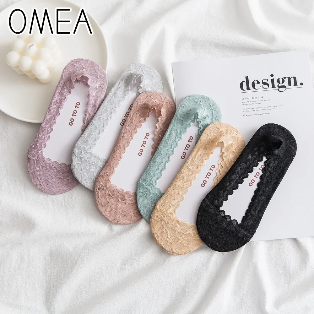 

OMEA Women Summer Slippers 6 Pairs Invisible Lace Socks Ultra Thin Breathable Star Silicone Non-slip Socks Boat Sox No Show Sock