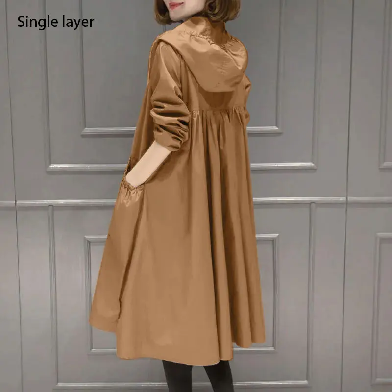

Korean Style Loose Long Women's Trench Coat (Single Layer ) Zipper Pocket Hooded Windbreaker Spring Straight Clothes Oversized