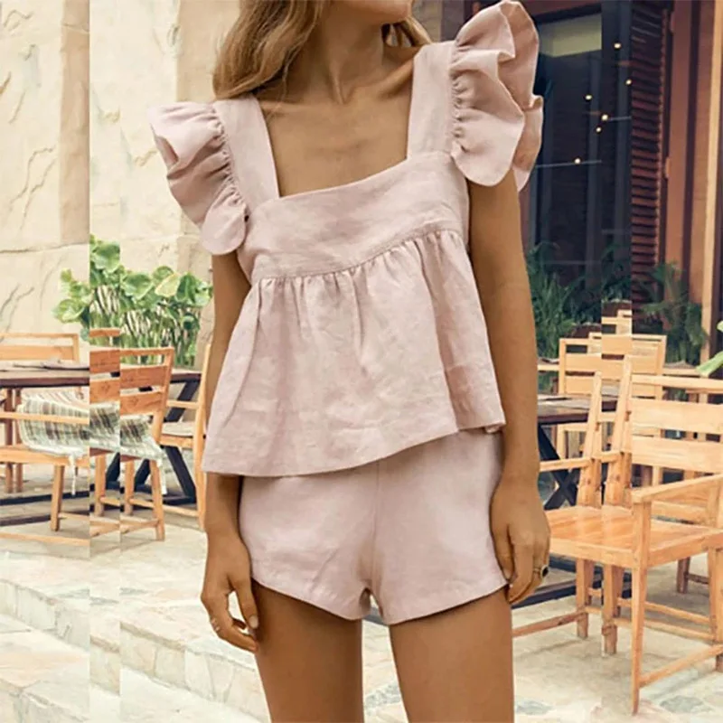 

New Women's Suit Butterfly Sleeve Square Collar Ruched Tops Wide Leg Shorts Female Suits Korean England Ladies Set