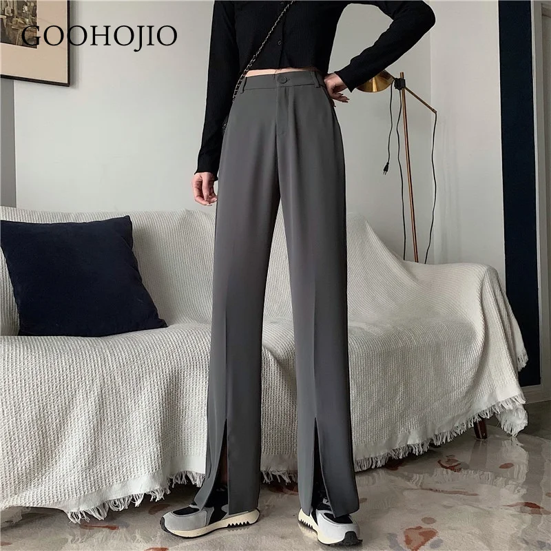 

GOOHOJIO 2021 New Spring and Autumn Wide Leg Pants Women Split Casual Trousers for Women Straight-leg High Waist Pants Female