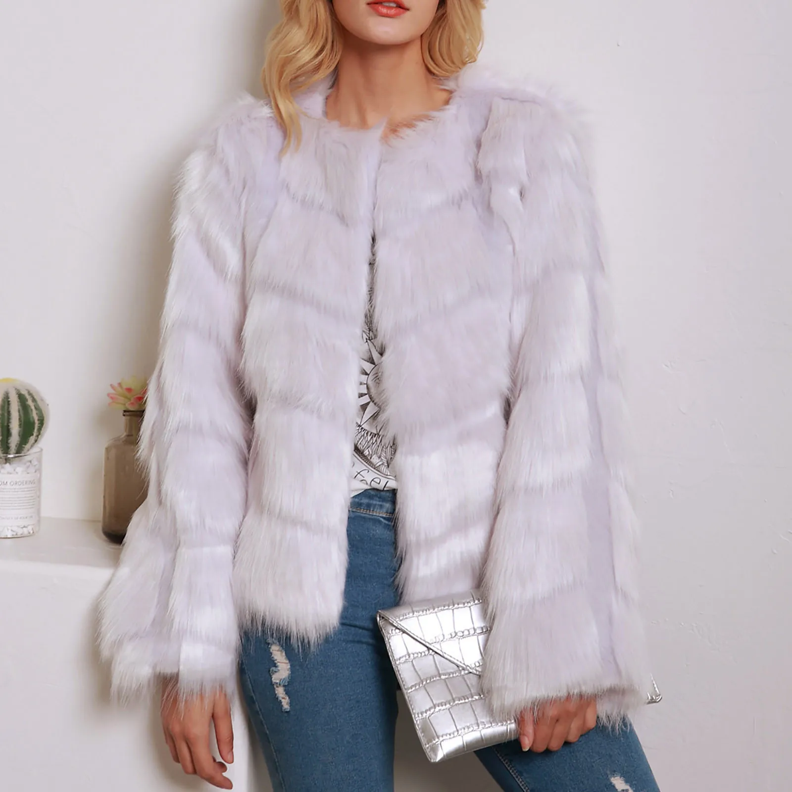 

Winter Womens Fashion Solid Colors Faux Fur O-Neck Pocket Warm Jacket Loose Plush Long Sleeve Coat Outwear Chaqueta Mujer#g3