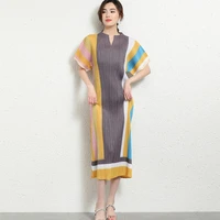 summer dress women 2021 new small v neck wide sleeves simple stripes loose stretch miyake pleated large size dresses midi